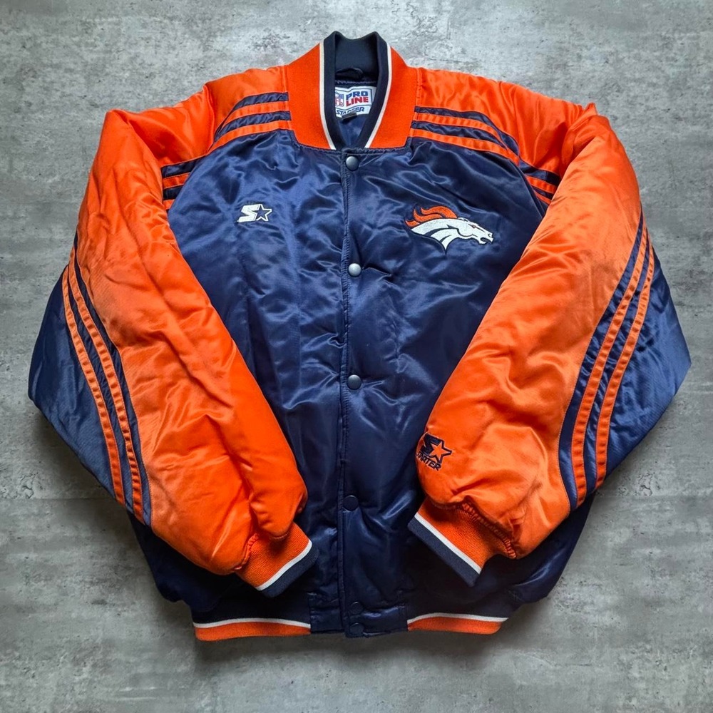 Starter NFL Denver Broncos Jacket Mens Large Orange Navy Vintage 90s Pro Line